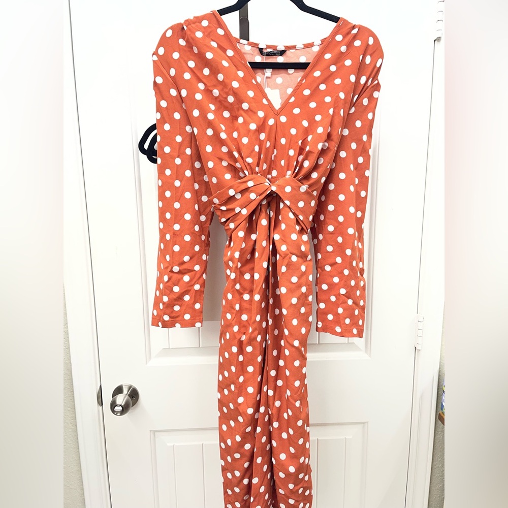 NWT 12 Large BloomChic Rust Polka Dot Tie Waist Pocket Dress